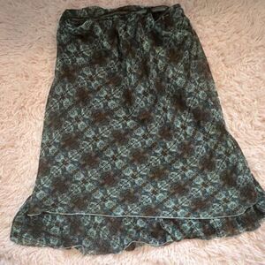 Vintage Skirtology Flowy Midi Skirt, Boho Tiered Ruffles Brown Blue Geometric